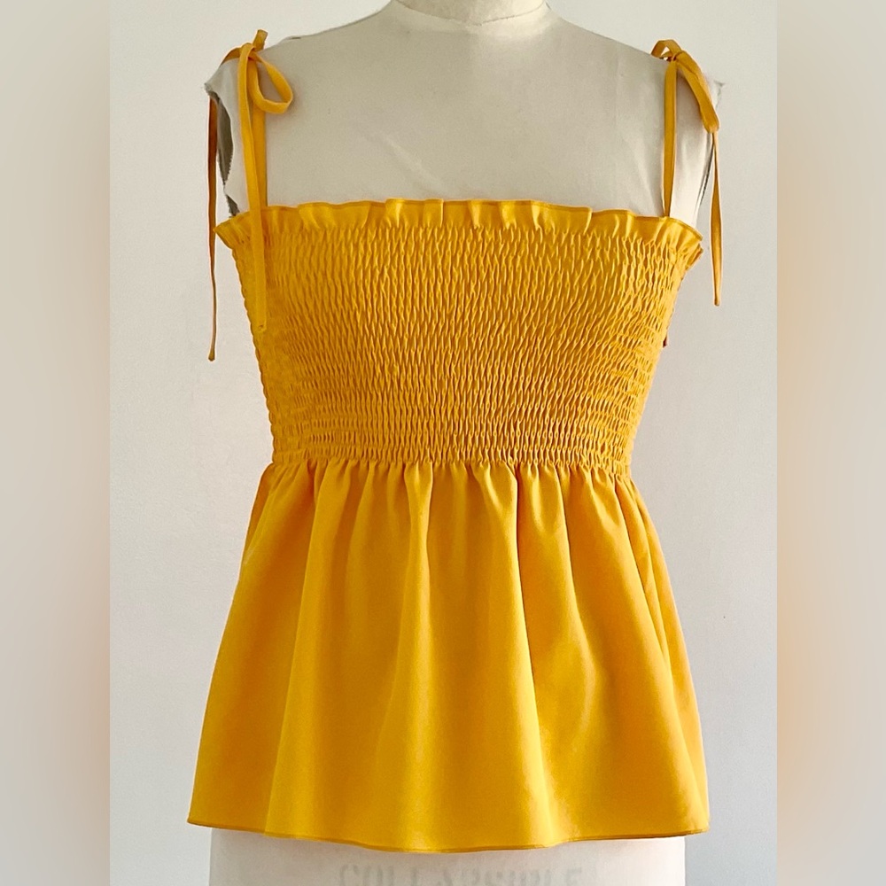 LYANER Yellow/Orange  Smocked Top Adjustable Straps High Waist SZ: M